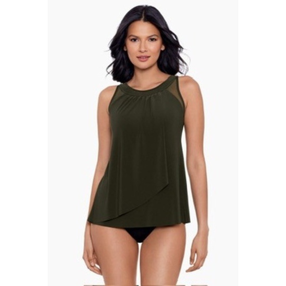 NWT Miraclesuit Ursula Tankini Top Nori Draped Scoop Neck Swimwear 14 $128